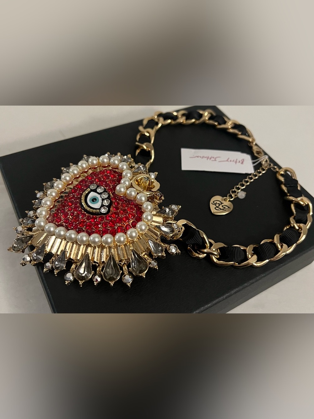 Betsey Johnson Red Crystal Evil Eye Heart Statement Necklace with Pearl Trim - Picture 13 of 16